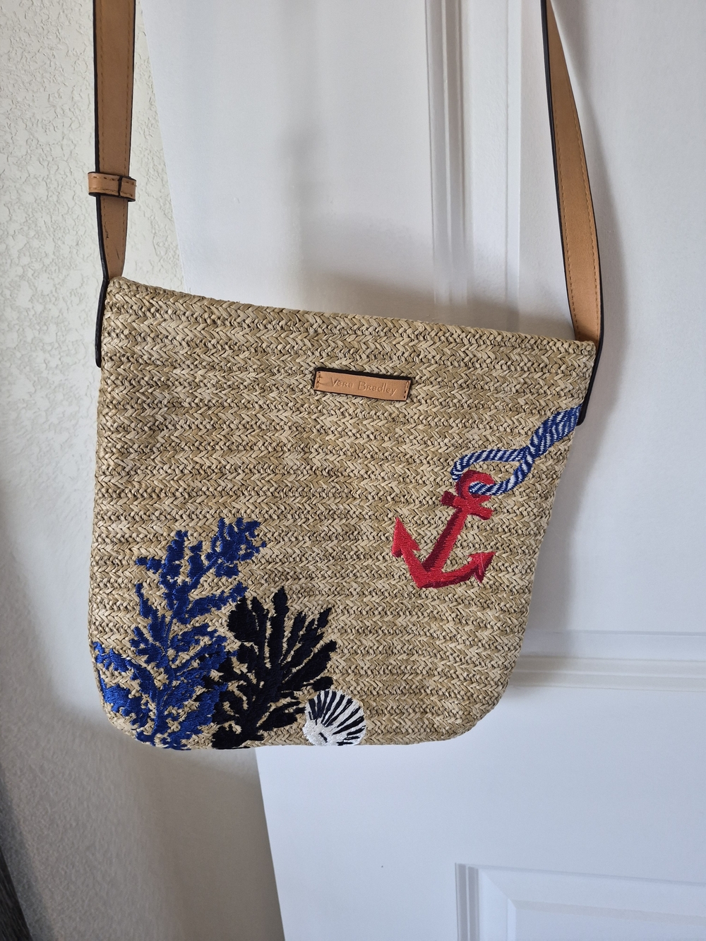 Vera Bradley Straw Crossbody with Blue, Red & Tan Accents